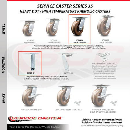 Service Caster 6 Inch Heavy Duty Top Plate High Temp Phenolic Rigid Caster with Roller Bearing SCC-35R620-PHRHT